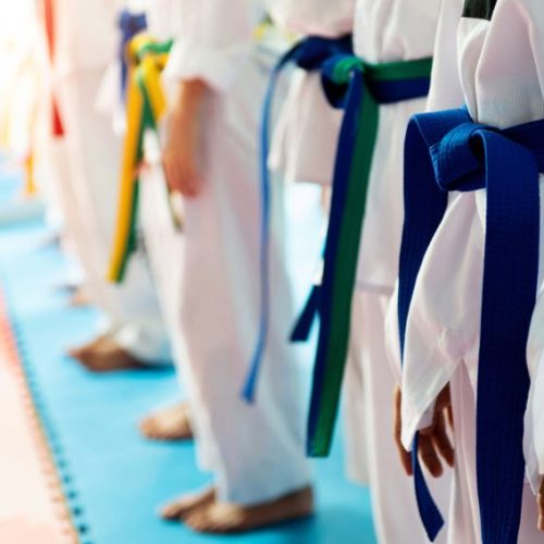 Martial arts athletes in martial arts training exercising taekwondo