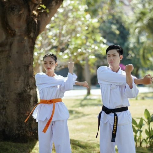 Young people practicing taekwondo in sunny park