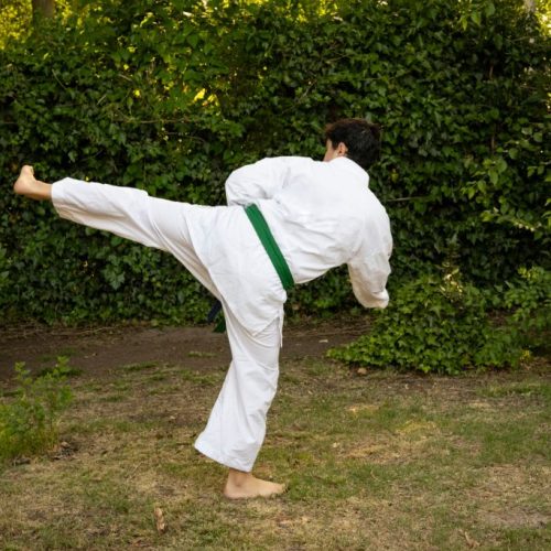 Teenager practicing Taekwondo in the park